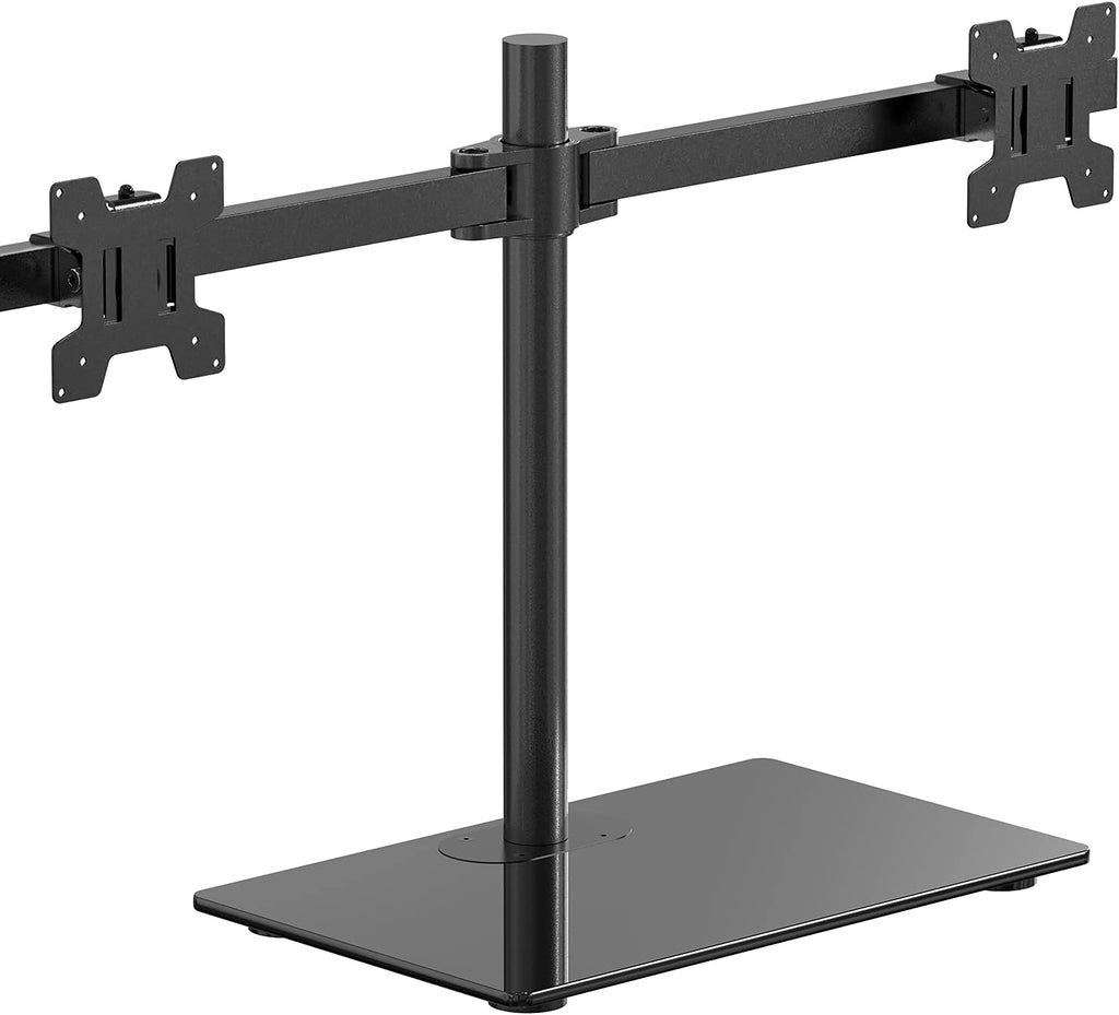 WALI Free Standing Dual Monitor Stand, Height Adjustable Monitor Mount with Glass Base, Fits LCD LED Flat Curved Screen up to 27 inch, 22lbs, with Grommet Base (GMF002)