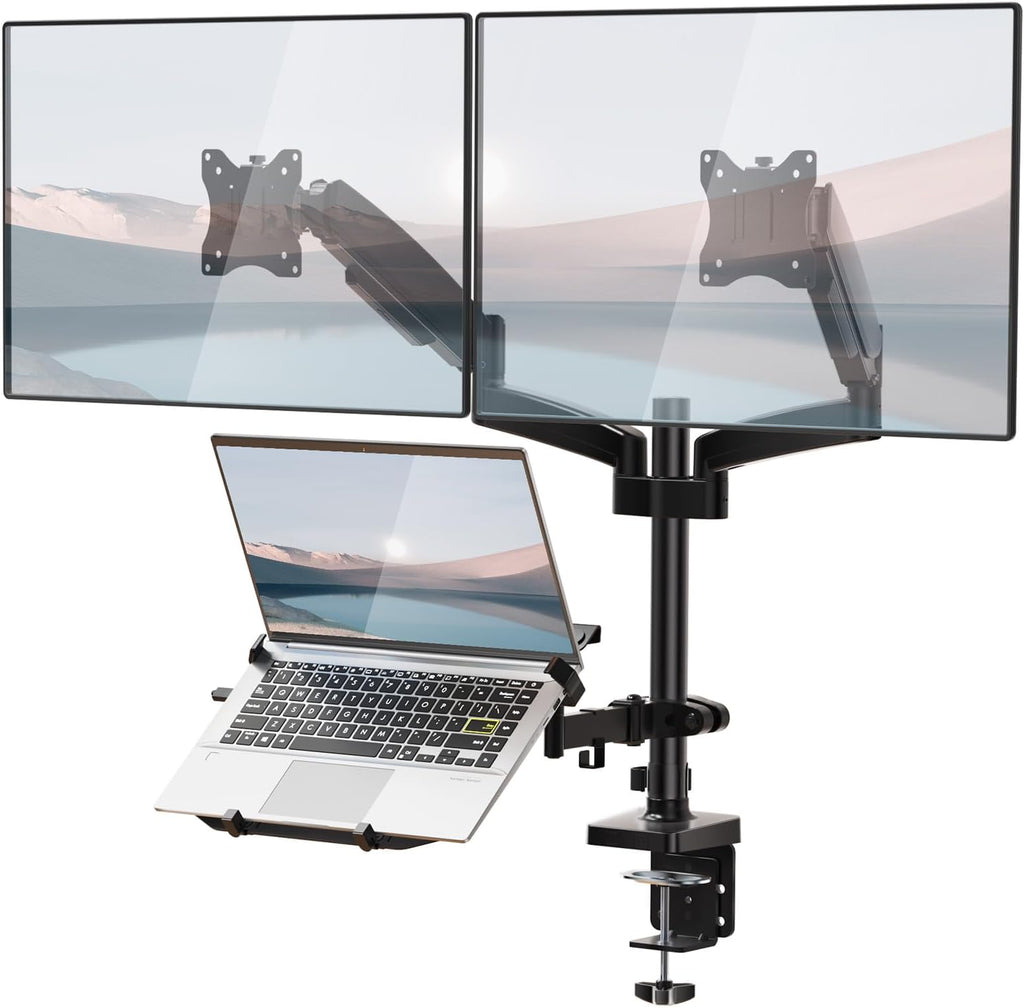 WALI Laptop Mount and Dual Monitor for Max 32" Monitor and 17" Laptop, Adjustable Spring Arm with Tilt, Swivel and Rotation, Dual Monitor and Notebook Stand with VESA 75/100mm(GSDM003LP), Black