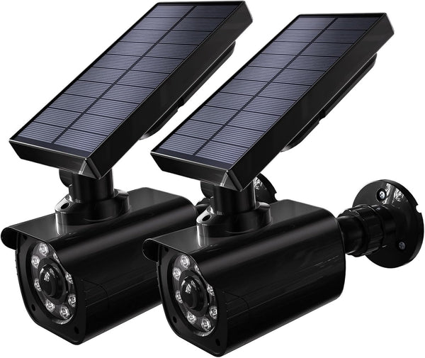 WALI Dummy Fake Camera, Security Camera with Motion Sensor Light, Simulated Surveillance Security CCTV Dome Camera Indoor Outdoor (TCB2-SOL), 2 Packs, Black-Solar