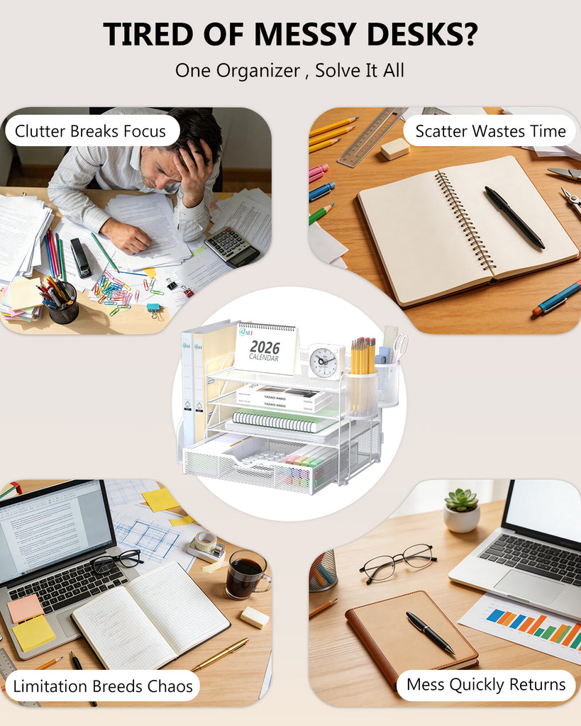 WALI Desk File Organizer, 4 Tier Desktop Paper Letter Tray Organizer with Drawer and 2 Pen Holders, Office Desk Accessories & Workspace Organizers for Office, Home Supplies(DO005DH-W), 1 Pack, White