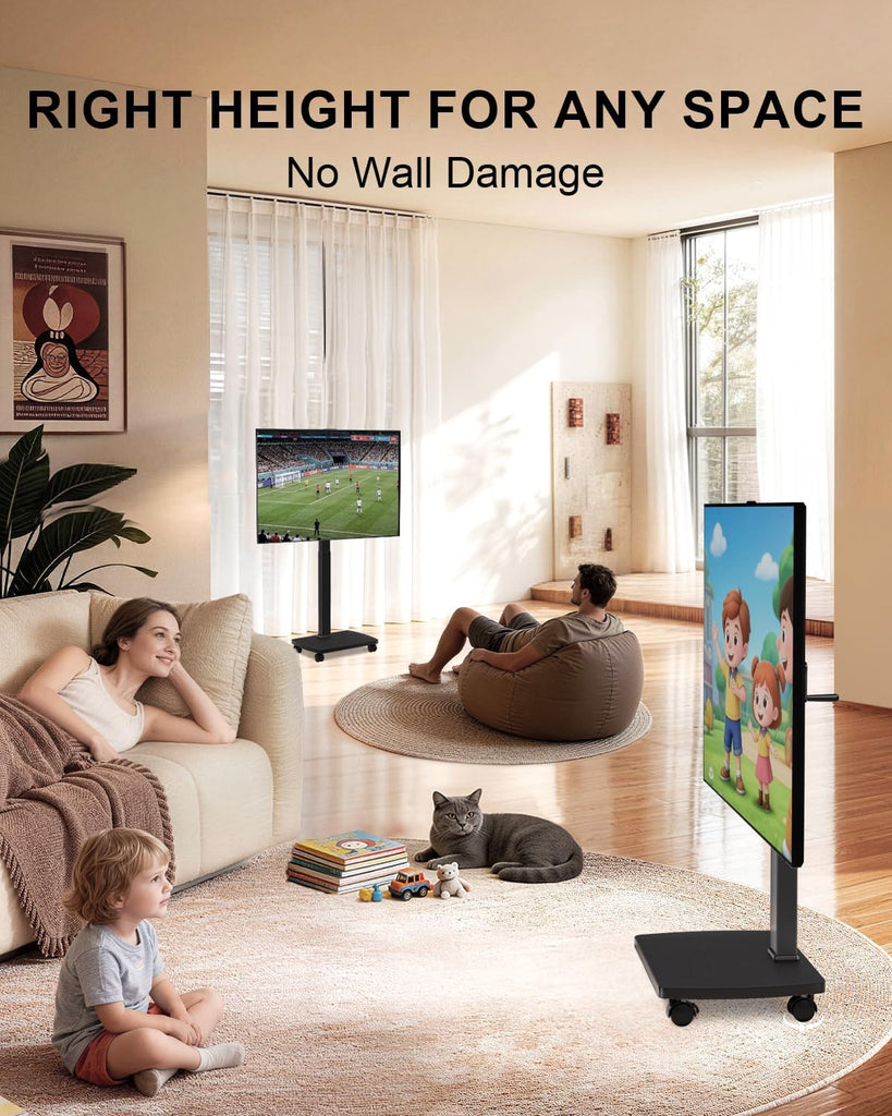WALI Rolling TV Stand with Hand Crank Lift, Mobile Tall Television Stand Mount on Wheels for 30-70” TVs up to 110 lbs, Swivel Height Adjustable TV Cart with Wood Base for Bedroom(TVDVD-7MR), Black