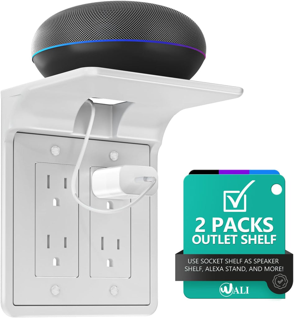 WALI Double Outlet Shelf Wall Holder – Bathroom Shelf Duplex for Electric Toothbrush, HomePod Mini, Echo Dot & Phone Charging – White-2 Packs (DLS002)