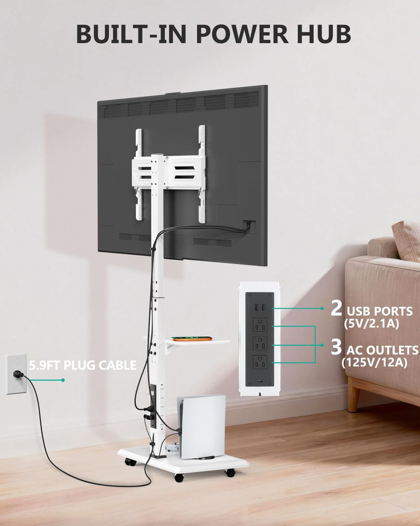 WALI Rolling TV Stand with Power Outlet & AV Shelf, Mobile Tall TV Stand Mount on Wheels for 39-70 inch TV up to 110 lbs, Swivel Height Adjustable TV Cart with Wood Base for Bedroom(TVDVD-6PRW), White