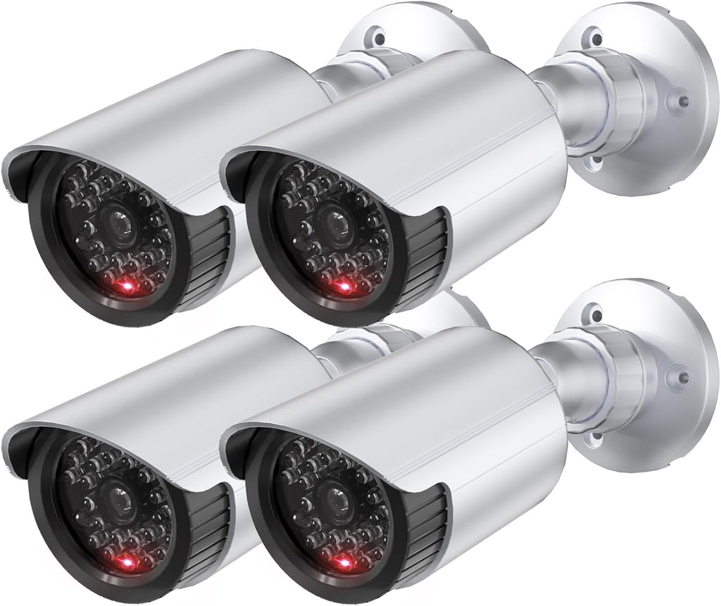 WALI Dummy Fake Simulated Surveillance Security CCTV Dome Camera Indoor Outdoor with One LED Light, Warning Security Alert Sticker Decal (TC-S4), 4 Packs, Silver