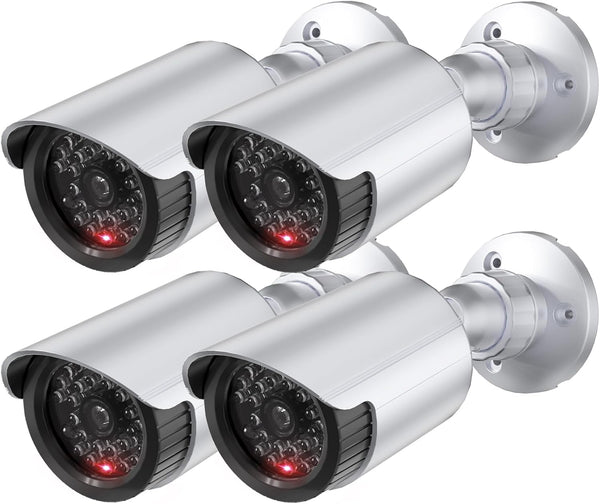 WALI Dummy Fake Simulated Surveillance Security CCTV Dome Camera Indoor Outdoor with One LED Light, Warning Security Alert Sticker Decal (TC-S4), 4 Packs, Silver