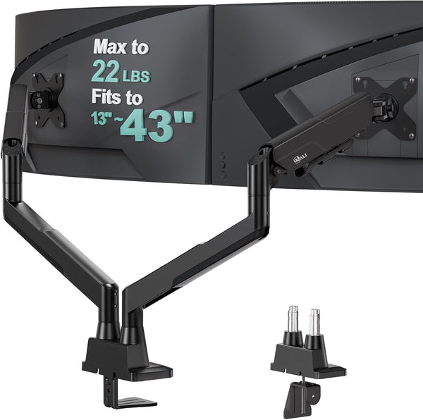 WALI Adjustable Dual Monitor Mount for 13-43 inch Screens, up to 22 lbs | Ultrawide Monitor Arms for 2 Monitors, Full Motion with Tilt, Swivel, Rotation, C-Clamp/Grommet, VESA 75/100mm (GSM002XLN)