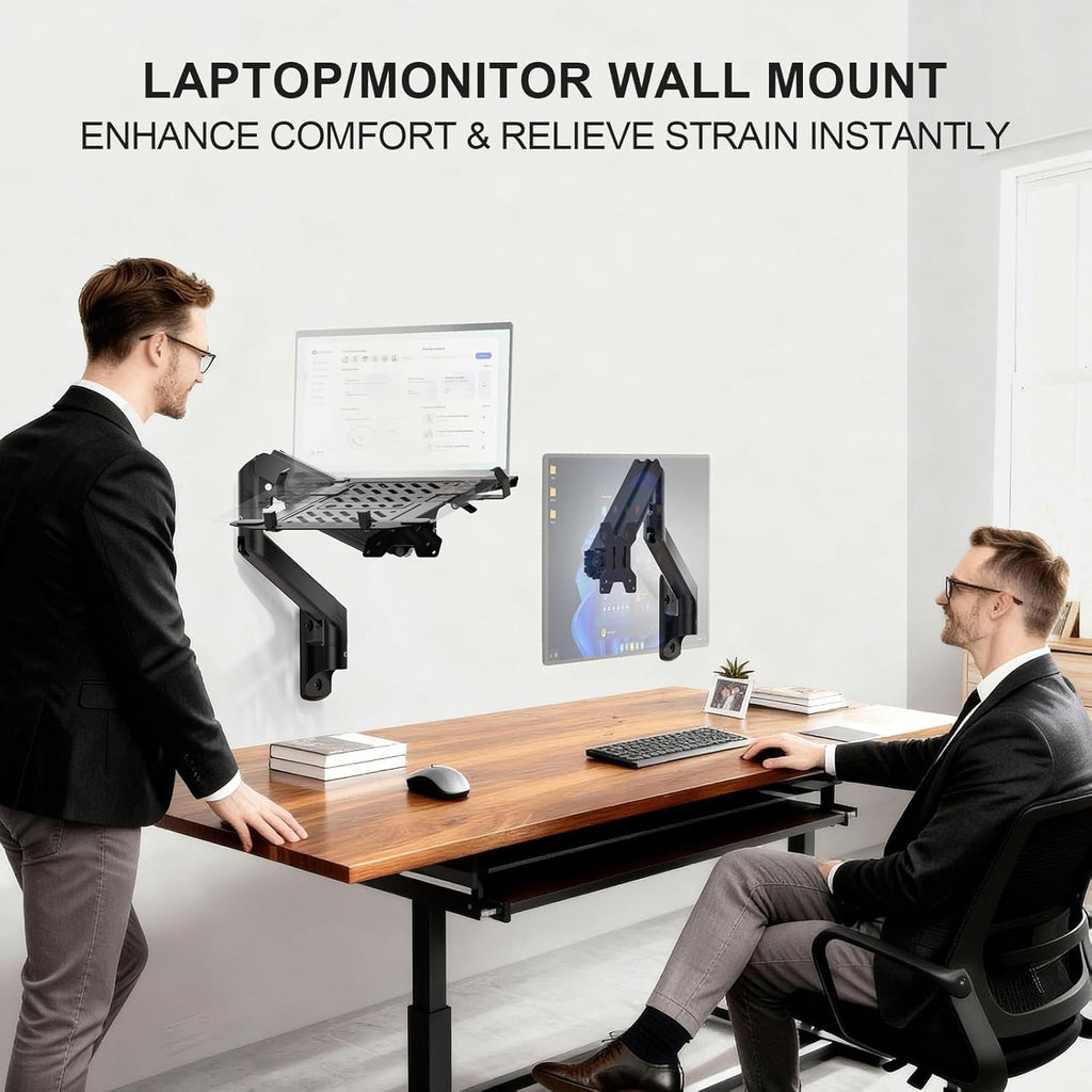 WALI Laptop Wall Mount, Fully Adjustable Laptop Arm Fits 10 to 17" Notebook, 2-in-1 Monitor Wall Mount for 17 to 32" Computer Screen, Holds up to 15.4-22lbs(GSWM001NLP), Black