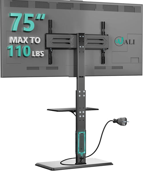 WALI Floor TV Stand with Power Outlet & AV Shelf, Tall TV Stand Mount for 32-75 inch TV up to 110 lbs, Swivel and Height Adjustable TV Stands with Wood Base for Bedroom, Office(TVDVD-6P), Black