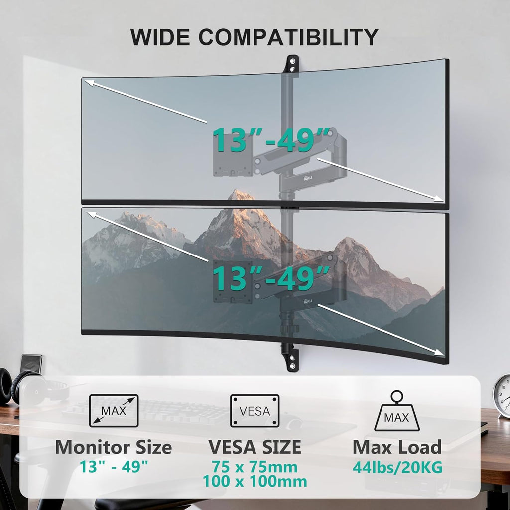 WALI Vertical Dual Monitor Wall Mount for 13-49 inch Screens, Heavy Duty Stacked Dual Monitor Stand for Wall, Adjustable Ultrawide Monitor Arm Wall Mounted, Holds up to 44 lbs (GSWM002-P), Black