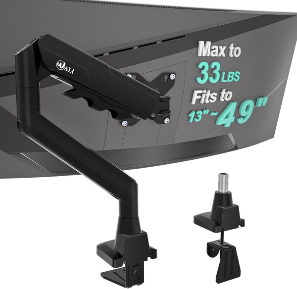 WALI Single Monitor Arm with Desk Mount for 17–49 Inch Screens – Holds Up to 33 lbs, Fully Adjustable VESA Monitor Stand, Heavy Duty Gas Spring for Gaming & Home Office (GSM001XLN)