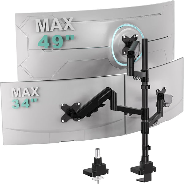 WALI Stacked Triple Monitor Mount for 49" UItrawides and Dual 34" Monitors | Heavy Duty 3 Monitor Arm up to 33 lbs, Full Motion with Tilt, Swivel, Rotation, C-Clamp & Grommet Base, VESA 75/100mm, Black