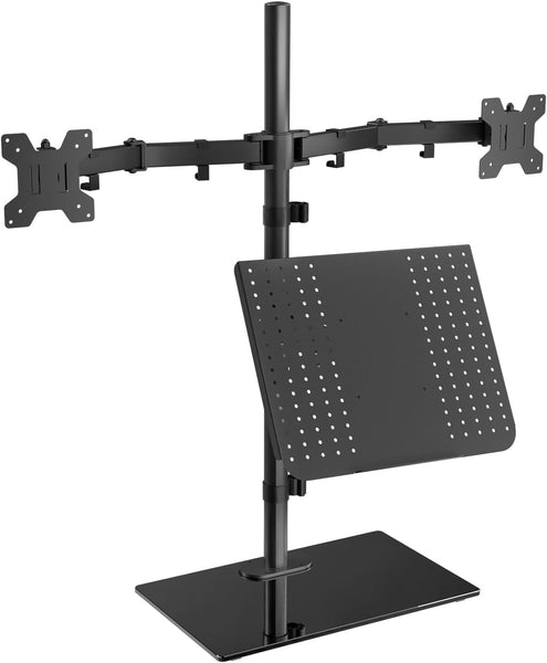 WALI Free Standing Dual Monitor and Laptop Stand, Height Adjustable Laptop Mount with Glass Base, Monitor Mount Fits up to 27 inch Monitors and 17 inch Laptops (GMF003LP), Black