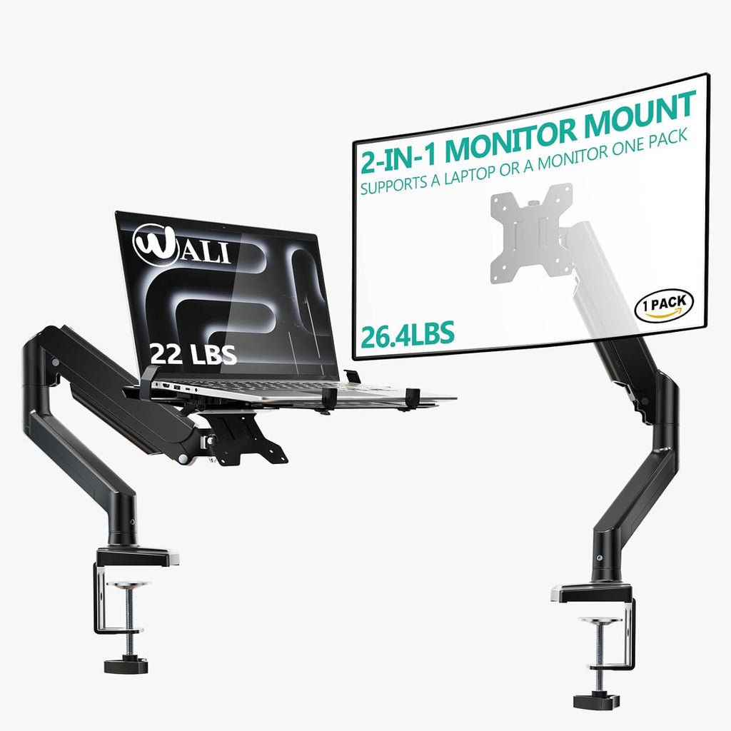 WALI Laptop Desk Mount, 2-in-1 Monitor Mount Fit 17” Notebook and 34” Monitors, Laptop Stand for Desk Adjustable Height, Gas Spring Monitor Arm with Laptops Holder, Up to 22-26.4lbs(GSMP001LPN), Black