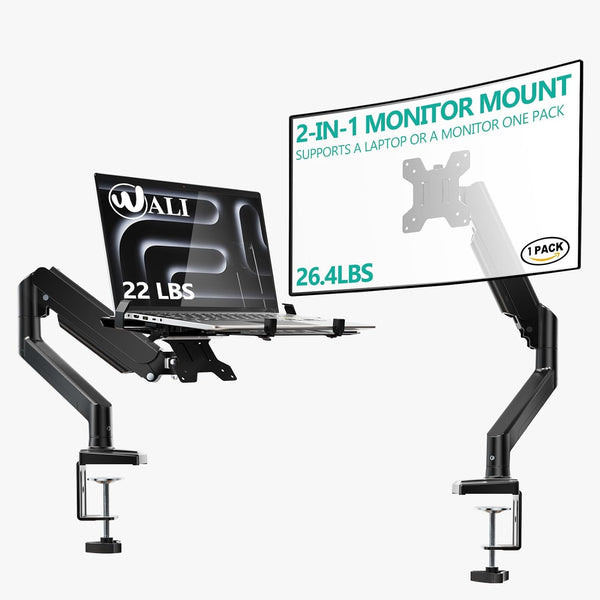 WALI Laptop Desk Mount, 2-in-1 Monitor Mount Fit 17” Notebook and 34” Monitors, Laptop Stand for Desk Adjustable Height, Gas Spring Monitor Arm with Laptops Holder, Up to 22-26.4lbs(GSMP001LPN), Black