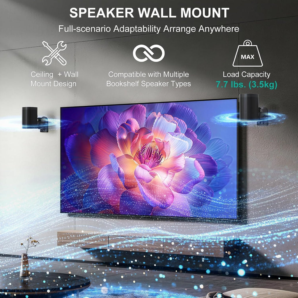 WALI Small Surround Sound Speaker Mount with Adjustable Swivel Tilt Angle Bookshelf Speaker Mount for Living Room, Home Theater, Speaker Stands Hold up to 7.7 Lbs, (SWM202), 2 Pack, Black