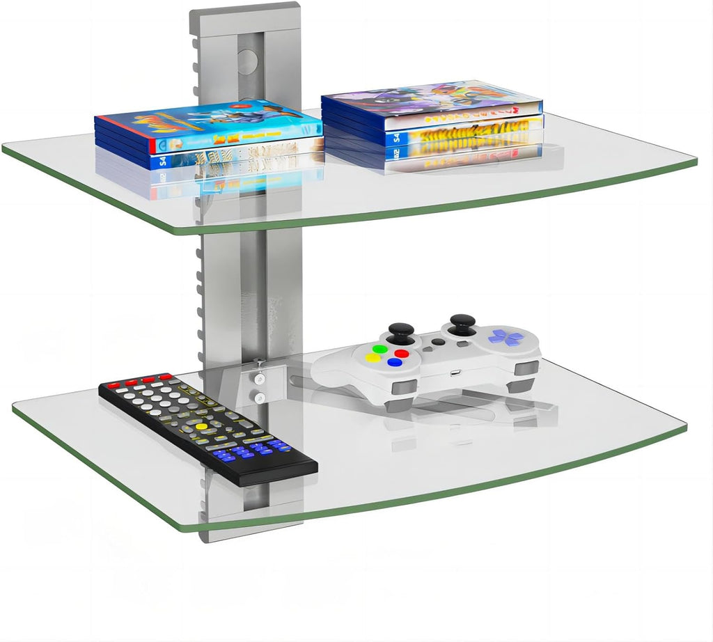 WALI Floating Entertainment Center Shelves, Holds Up to 17.6lbs, TV Shelf with Strengthened Tempered Glasses for DVD Players, Cable Boxes, Games Consoles, TV Accessories (CS202S), 2 Shelf, Silver