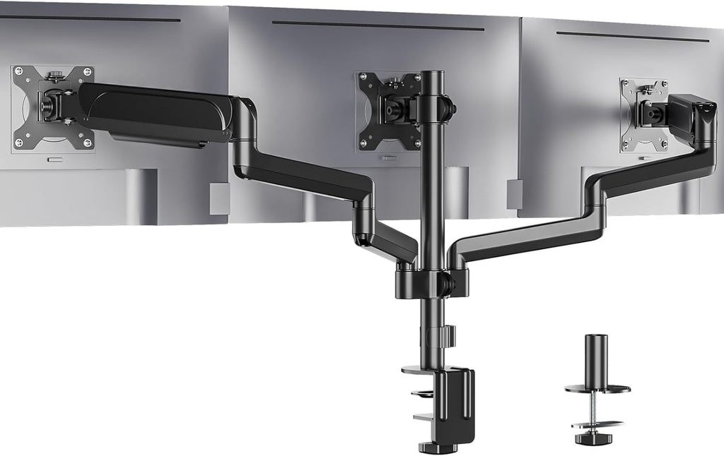 WALI Triple Monitor Mount for 13-27 inch Screens, Adjustable 3 Monitors Desk Mount with Swivel, Tilt, Clamp & Grommet Kit, Gas Spring Arm Triple Monitor Stand, VESA 75x75/100x100mm (GSDM003), Black