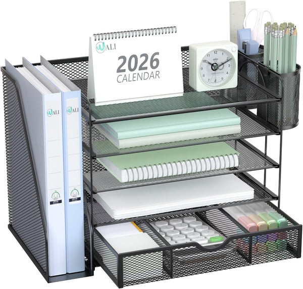 WALI Desk File Organizer, 5 Tier Desktop Paper Letter Tray Organizer with Drawer and 2 Pen Holders, Office Desk Accessories & Workspace Organizers for Office, Home Supplies(DO006DH-B), 1 Pack, Black
