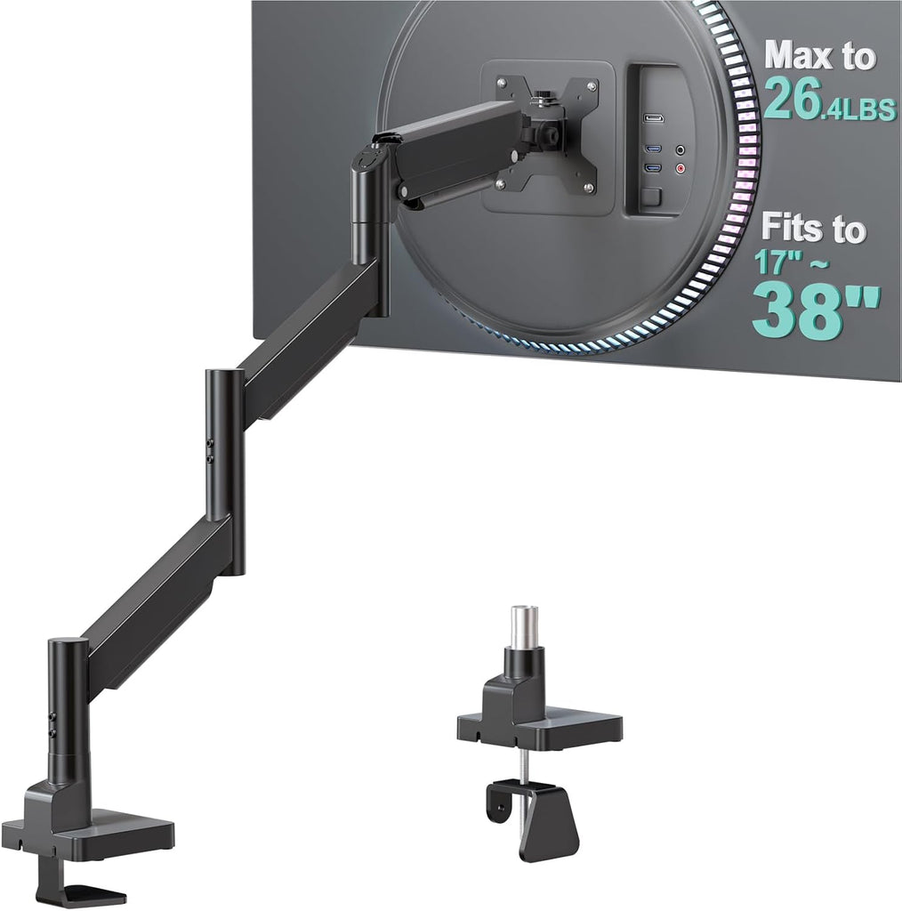 WALI Extra Long Single Monitor Arm for 17-38 inch Screens, up to 26.4 lbs | Tall Monitor Desk Mount, Full Motion with Tilt, Swivel, Rotation, C-Clamp/Grommet Base, VESA 75/100mm (GSMP001L), Black