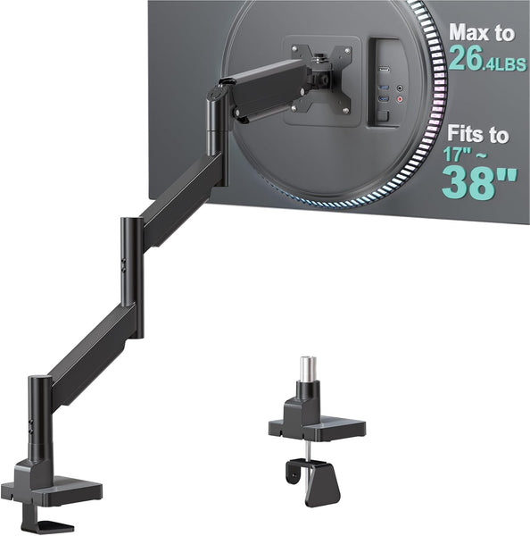 WALI Extra Long Single Monitor Arm for 17-38 inch Screens, up to 26.4 lbs | Tall Monitor Desk Mount, Full Motion with Tilt, Swivel, Rotation, C-Clamp/Grommet Base, VESA 75/100mm (GSMP001L), Black