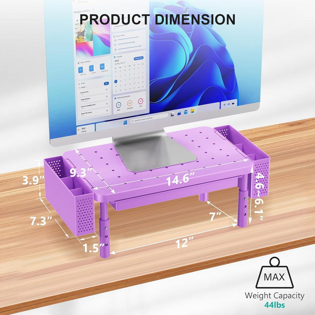 WALI Computer Monitor Stand with Storage, Desk Organizer with Drawer and Pen Holder, Desk Monitor Riser 3 Height Adjustable, Laptop Riser for Laptop, Printer (PTT003-V), 1 Pack, Violet