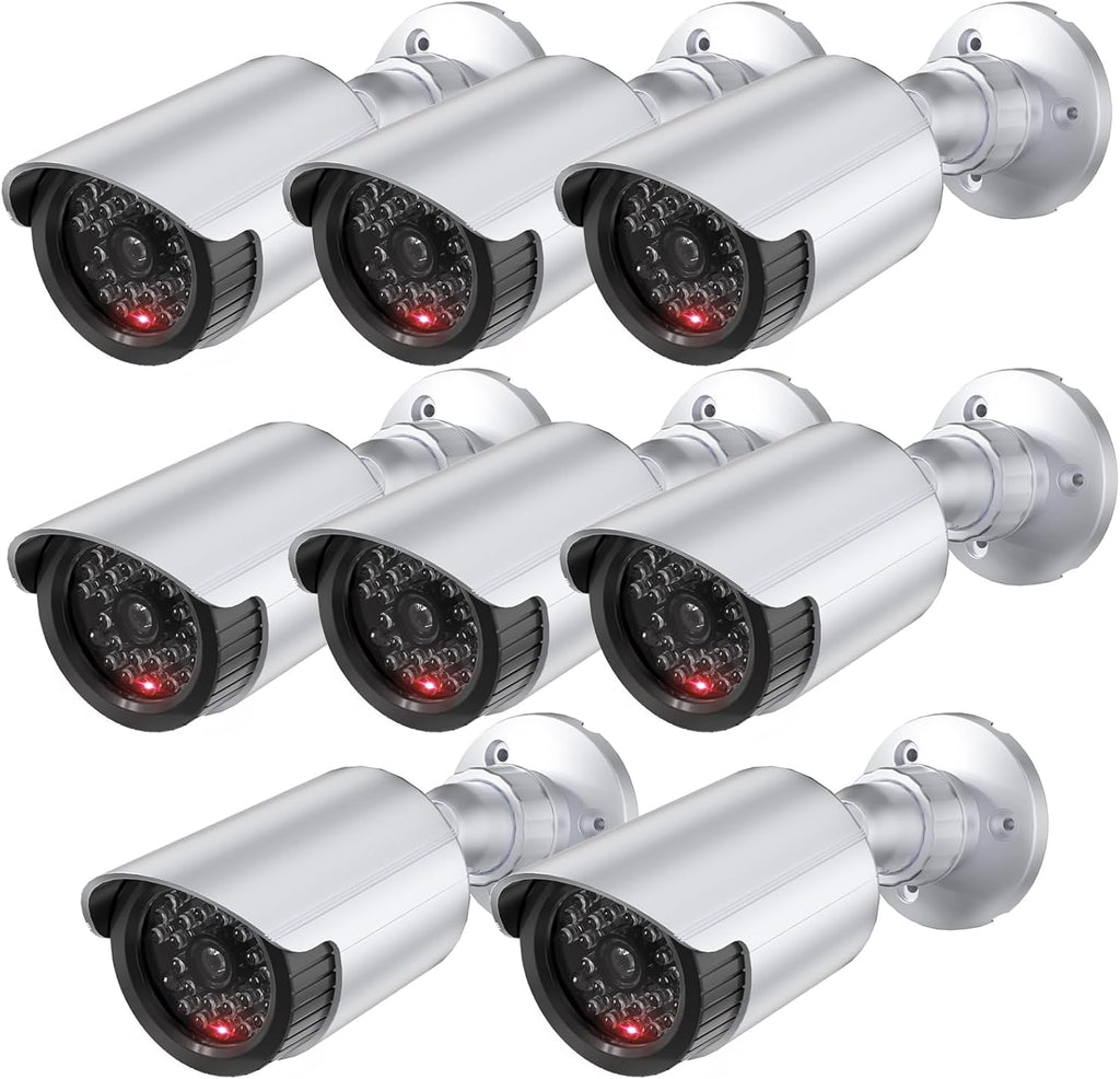 WALI Dummy Fake Simulated Surveillance Security CCTV Dome Camera Indoor Outdoor with One LED Light, Warning Security Alert Sticker Decal (TC-S8), 8 Packs, Silver