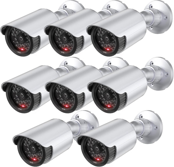 WALI Dummy Fake Simulated Surveillance Security CCTV Dome Camera Indoor Outdoor with One LED Light, Warning Security Alert Sticker Decal (TC-S8), 8 Packs, Silver
