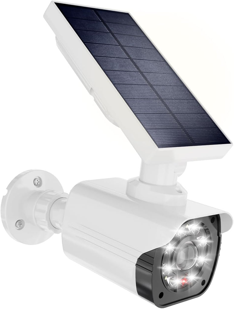 WALI Solar Powered Fake Camera with Motion Sensor Floodlight, 1 Pack, White|Dummy Cameras for Outside, Wireless Simulated Cam, Realistic Look, Larger Solar Panel, Weatherproof, Warning Sticker Included