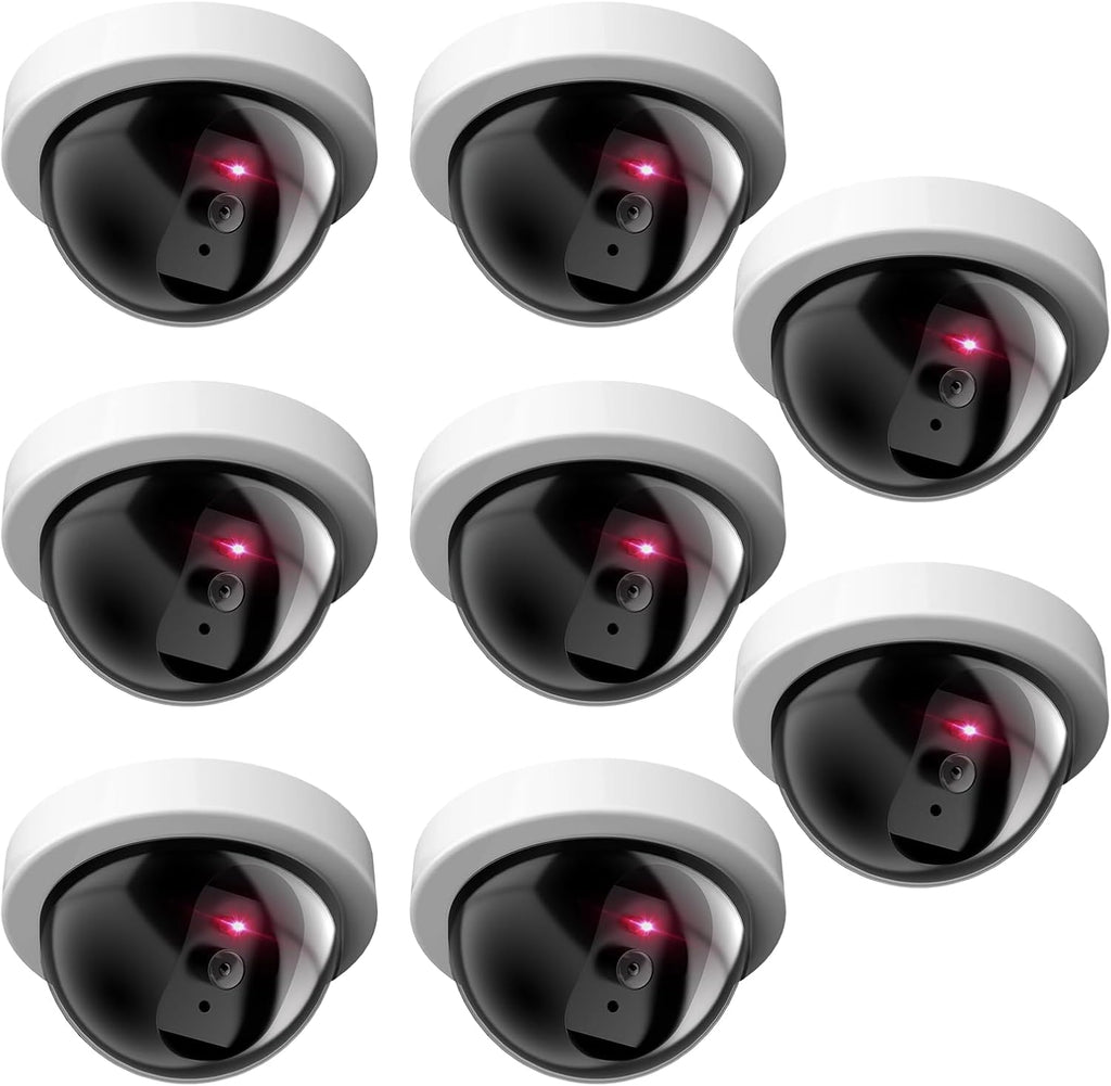 WALI Dummy Fake Security CCTV Dome Camera with Flashing Red LED Light with Security Alert Sticker Decals (SDW-8), 8 Packs, White