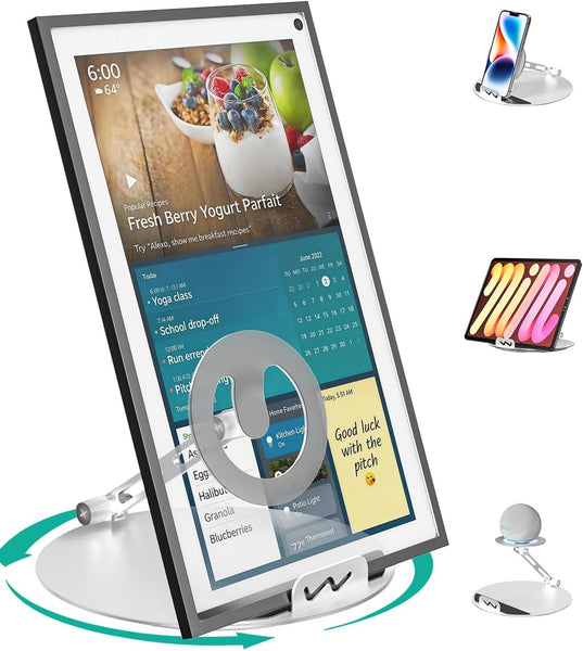 WALI Echo Show 15/21 Stand, Adjustable Stand for Echo Show 15/21 and Up to 18" Tablets/Portable Monitors, 360 Degrees Rotating Tilt Foldable Show 15, 21 Accessories for Kitchen Home Office, Silver