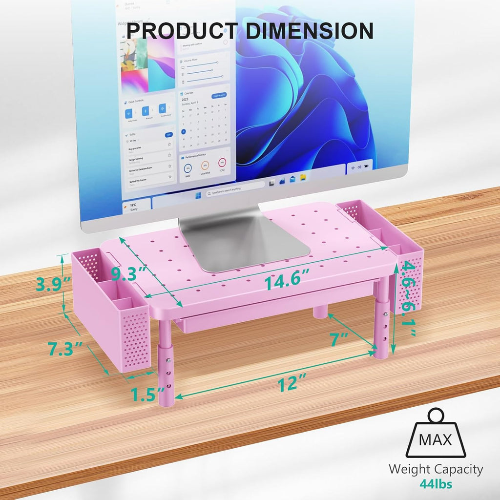 WALI Computer Monitor Stand with Storage, Desk Organizer with Drawer and Pen Holder, Desk Monitor Riser 3 Height Adjustable, Laptop Riser for Computer, Laptop, Printer (PTT003-P), 1 Pack, Pink