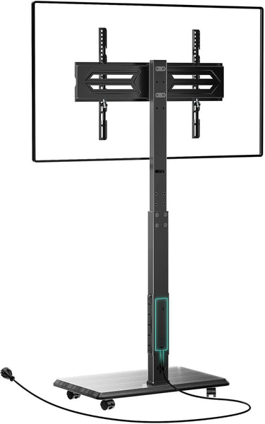 WALI Floor TV Stand with Power Outlet, Rolling Tall TV Stand Mount with Wheels for 32-75 inch TV up to 110 lbs, Swivel Height Adjustable TV Cart with Wood Base for Bedroom(TVDVD-7PR), Black