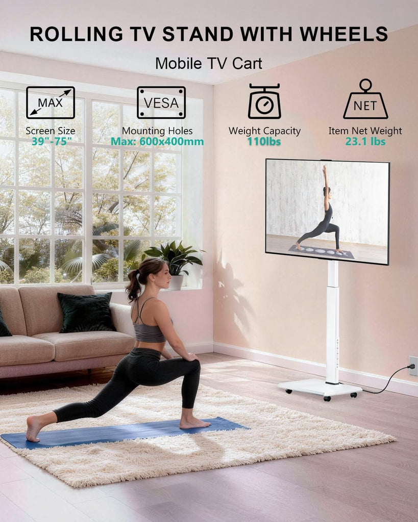 WALI Rolling TV Stand with Power Outlet, Mobile Tall TV Stand Mount on Wheels for 39-75 inch TV up to 110 lbs, Swivel Height Adjustable TV Cart with Wood Base for Bedroom(TVDVD-7PRW), White