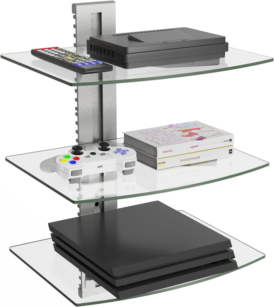 WALI Floating Entertainment Center Shelves, Holds Up to 17.6lbs, TV Shelf with Strengthened Tempered Glasses for DVD Players, Cable Boxes, Games Consoles, TV Accessories (CS303S), 3 Shelf, Silver
