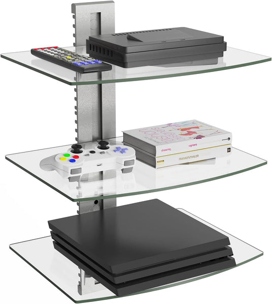 WALI Floating Entertainment Center Shelves, Holds Up to 17.6lbs, TV Shelf with Strengthened Tempered Glasses for DVD Players, Cable Boxes, Games Consoles, TV Accessories (CS303S), 3 Shelf, Silver