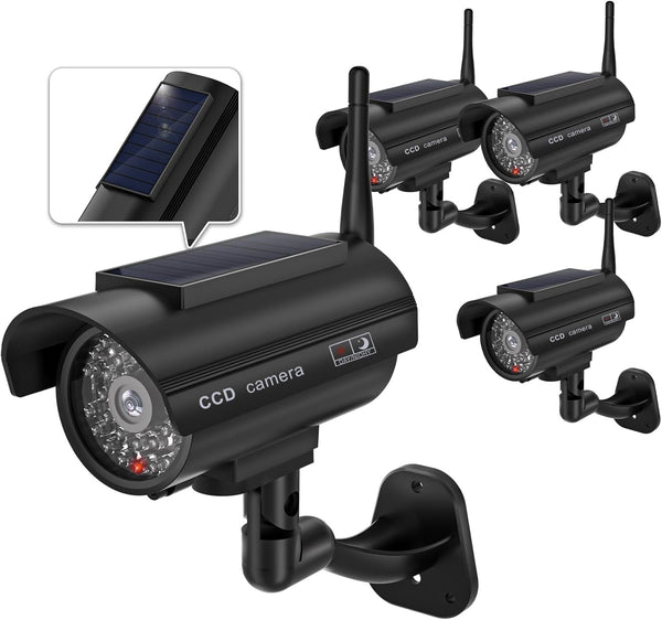 WALI Dummy Fake Camera, Solar Powered Fake Security Camera with LED Light, Simulated Surveillance Security CCTV Dome Cameras with Antenna and Warning Sticker Indoor Outdoor (SOL-TCB4), 4 Packs, Black