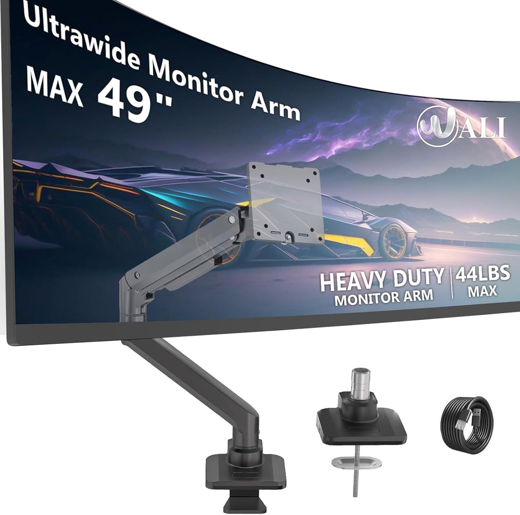 WALI Single Monitor Gas Spring Desk Mount, Heavy Duty Monitor Arm for Ultrawide Screen up to 49 inch, 44 lbs with USB. Fully Adjustable, Mounting Holes 75 and 100 (GSMU001XL), Black LOTS=50 Units