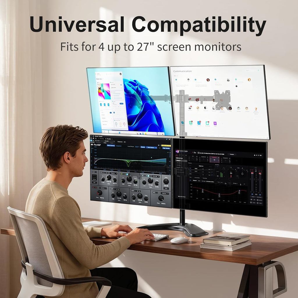 WALI Adjustable 4 Monitor Mount for Max 27 inch Screens, 17.6lbs per Arm Freestanding Quad Monitor Stand, Stacked 4 Desk Arm with Tilt, Swivel, Rotation, VESA 75x75/100x100mm (MF004), Black