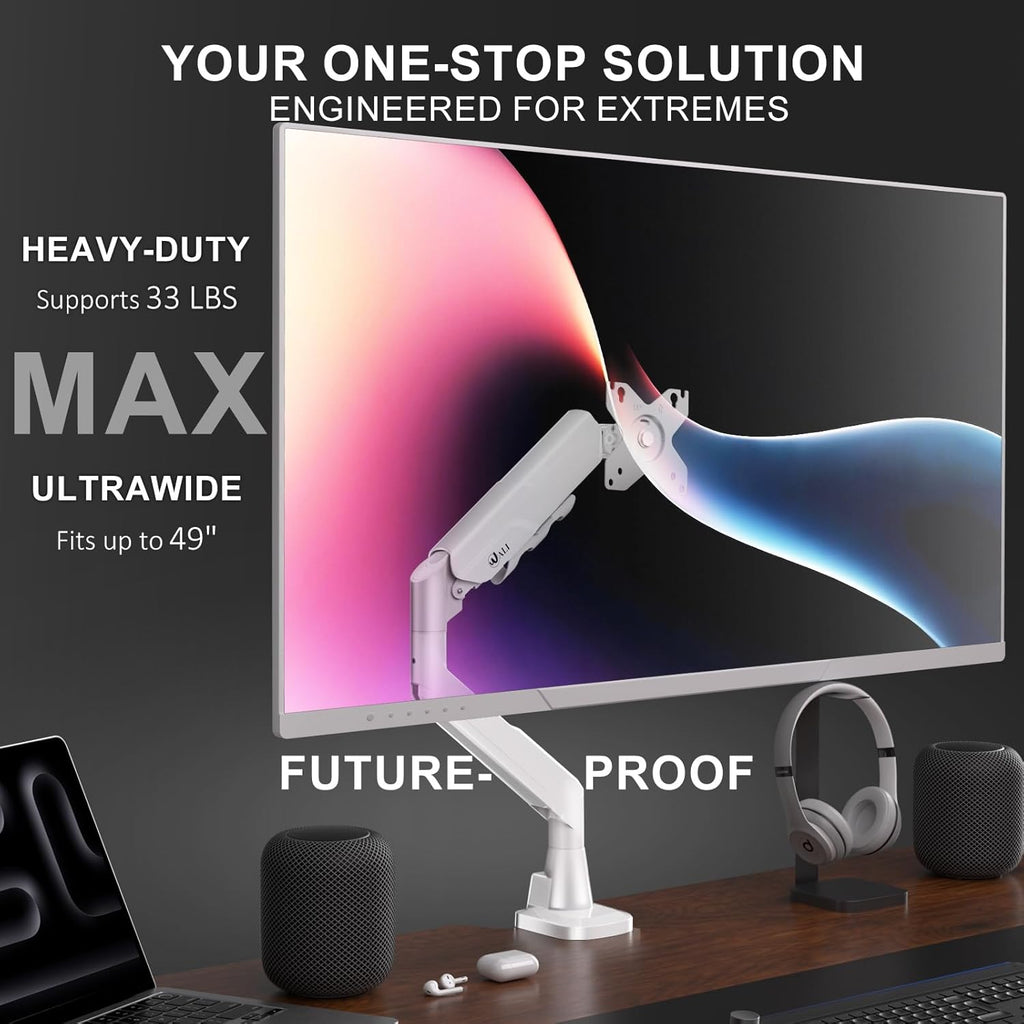 WALI Single Monitor Arm with Desk Mount for 17–49 Inch Screens – Holds Up to 33 lbs, Fully Adjustable VESA Monitor Stand, Heavy Duty Gas Spring for Gaming & Home Office (GSM001XLNW),White