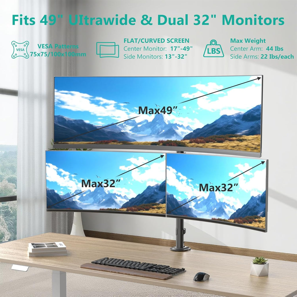 WALI Triple Monitor Mount for up to 49 inch Ultrawides on Top Bracket and 32 inch Screens on Side Brackets, Extra Tall 3 Monitors Desk Mount, Heavy Duty Monitor Arm up to 44 lbs (M003-P), Black