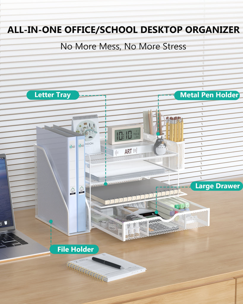 WALI Desk File Organizer, 4 Tier Desktop Paper Letter Tray Organizer with Drawer and 2 Pen Holders, Office Desk Accessories & Workspace Organizers for Office, Home Supplies(DO005DH-W), 1 Pack, White