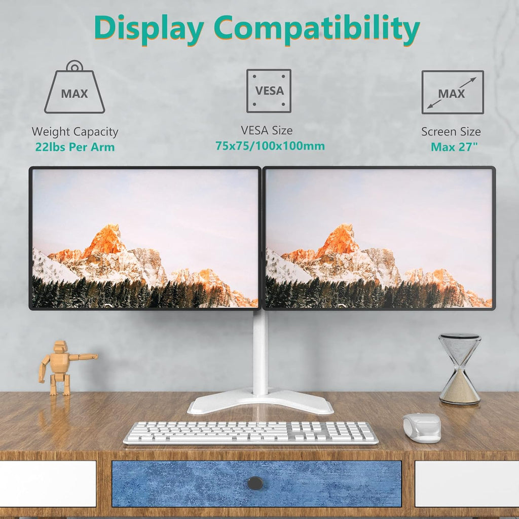 WALI Dual Monitor Stand, Free Standing Desk Mount for 2 Monitors up to 27 inch, 22 lbs. Weight Capacity per Arm, Fully Adjustable with Max Mounting Pattern 100x100mm (MF002-W), White