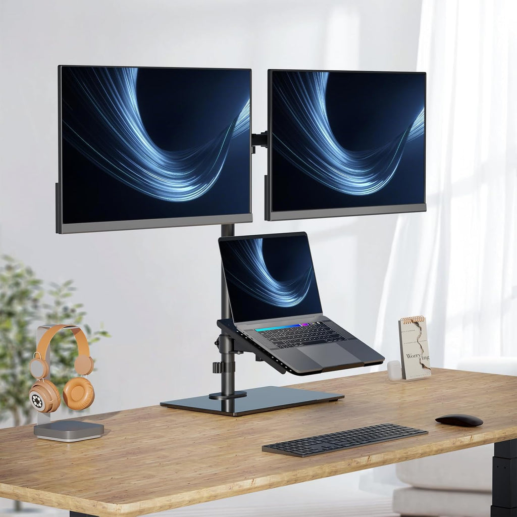 WALI Free Standing Dual Monitor and Laptop Stand, Height Adjustable Laptop Mount with Glass Base, Monitor Mount Fits up to 27 inch Monitors and 17 inch Laptops (GMF003LP), Black