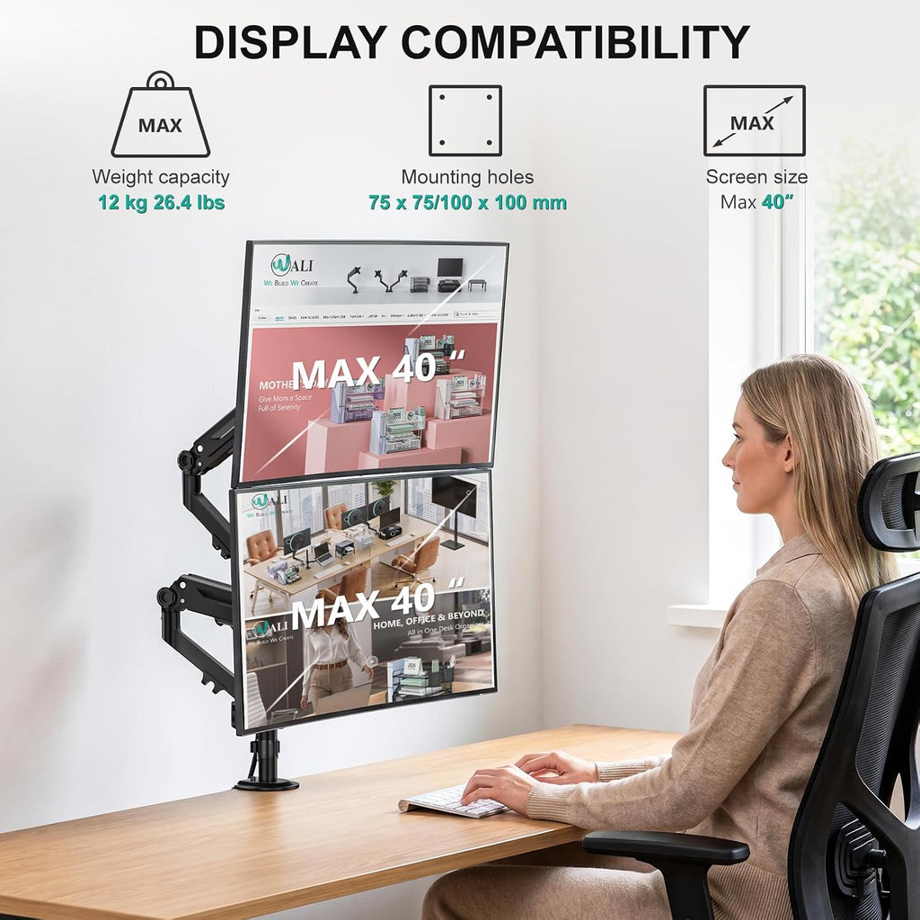 WALI Vertical Dual Monitor Mount for 13-40 inch Screens, up to 26.4 lbs | Stacked Dual Monitor Stand, Full Motion with Tilt, Swivel, Rotation, C-Clamp/Grommet Base, VESA 75/100mm (GSDM002M), Black