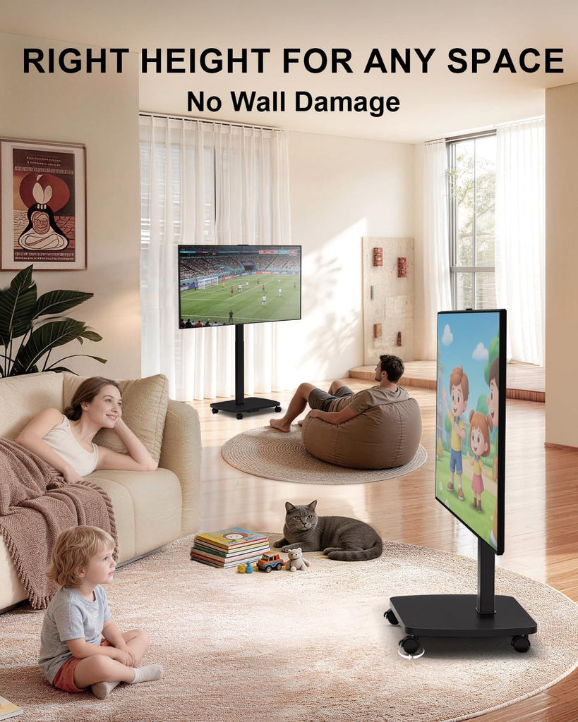 WALI Motorized Rolling TV Stand Lift on Wheels, Electric Height Adjustable Television Stand Mount with Remote for 30-75” TVs up to 110 lbs, Mobile TV Cart with Wood Base for Bedroom(TVDVD-7ER), Black