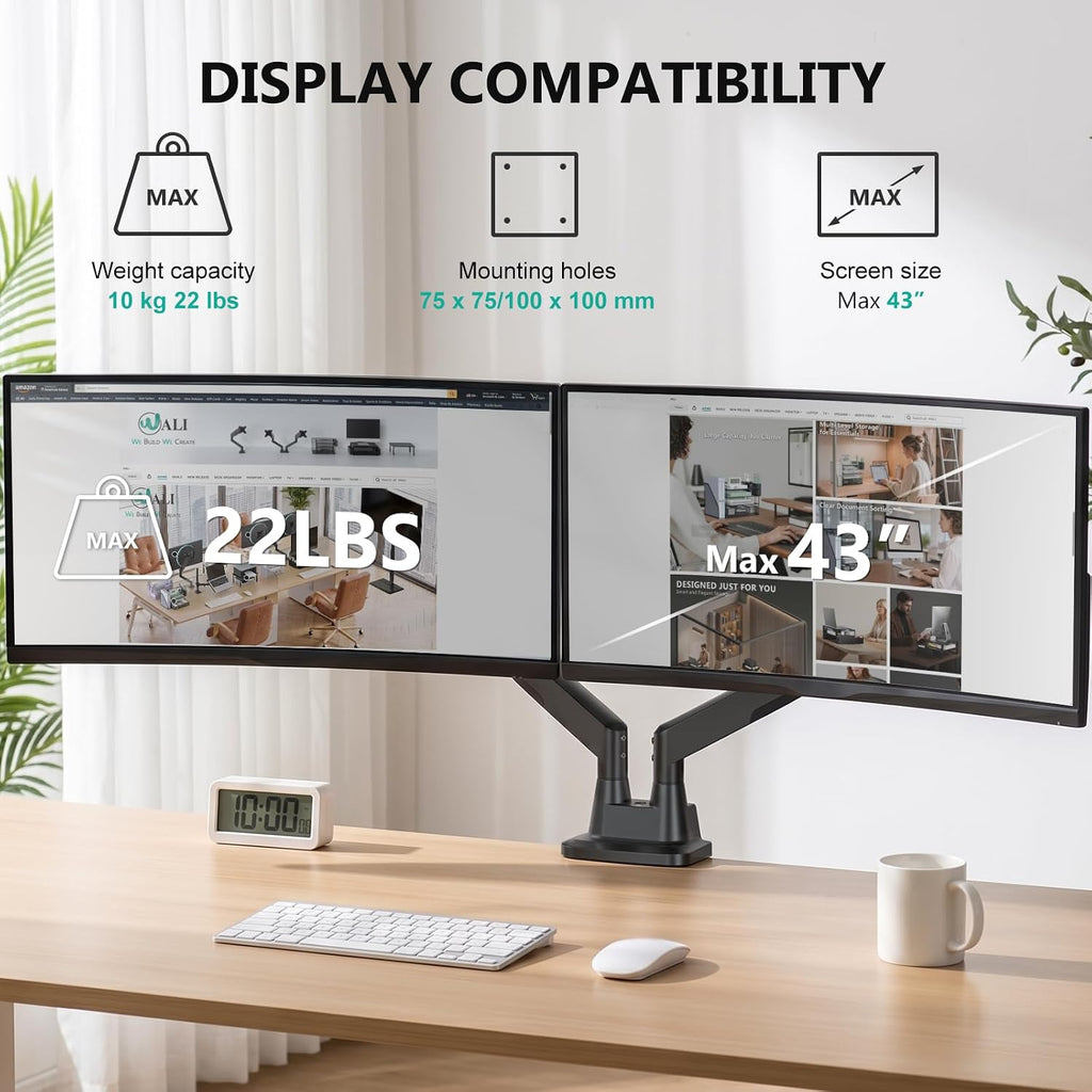 WALI Adjustable Dual Monitor Mount for 13-43 inch Screens, up to 22 lbs | Ultrawide Monitor Arms for 2 Monitors, Full Motion with Tilt, Swivel, Rotation, C-Clamp/Grommet, VESA 75/100mm (GSM002XLN)