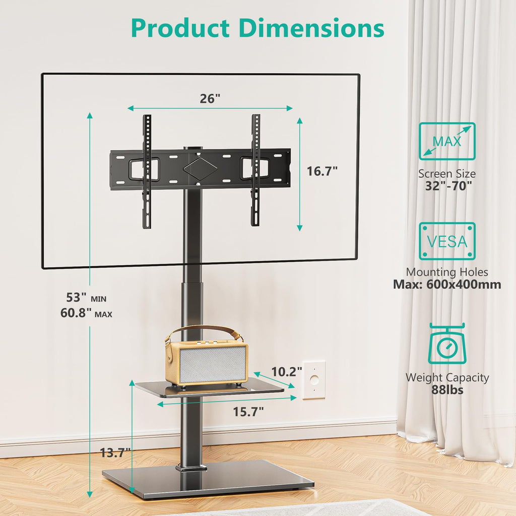 WALI TV Floor Stand for 32-70inch TVs up to 88lbs, Universal Floor TV Stand Mount, Swivel and Height Adjustable Tall TV Stand with Tempered Glass Base and Shelf for Living Room,Bedroom,Office(TVDVD-6)