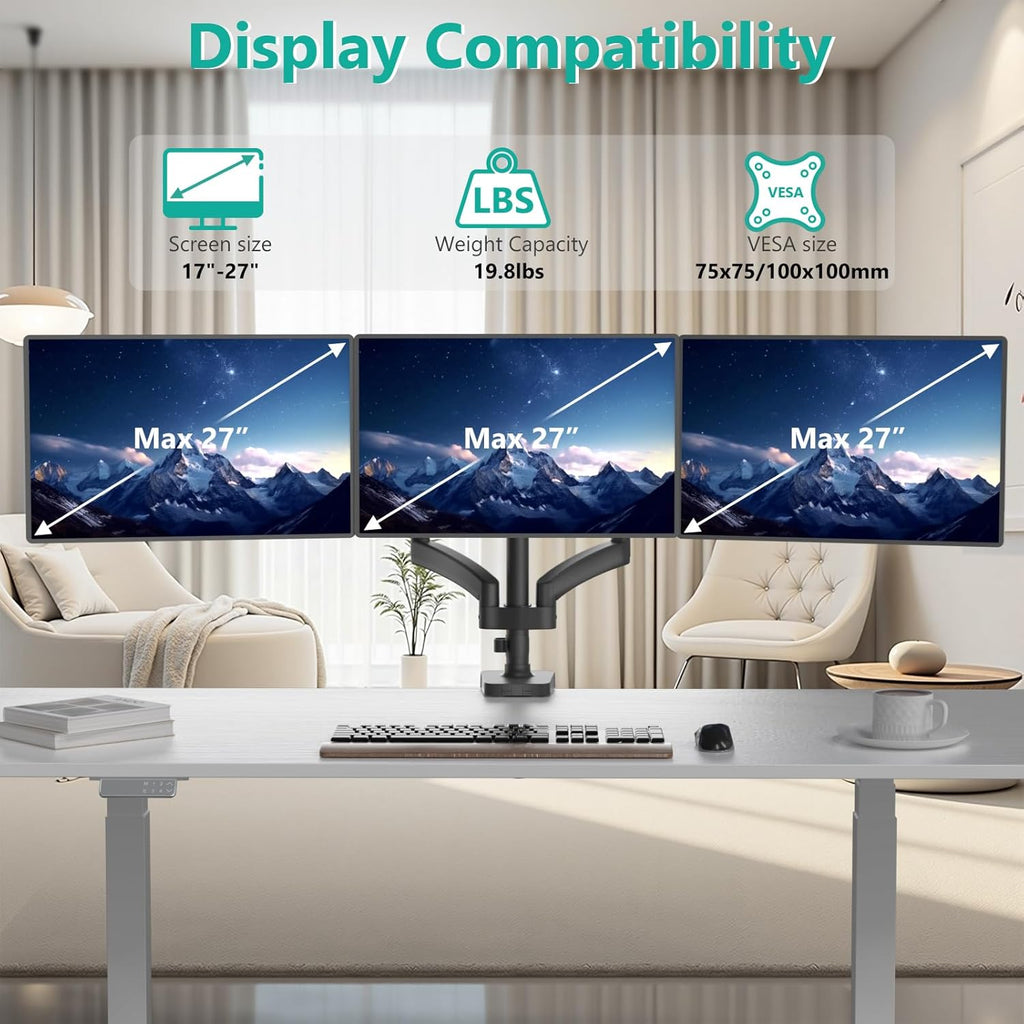 WALI Triple Monitor Mount, 3 Monitor Desk Mount with Premium Gas Spring Arm for Screens up to 27 inch, Multiple Monitors Stand with Tilt, Swivel, Rotation, Mounting Holes 75/100 mm (GSDM003N), Black