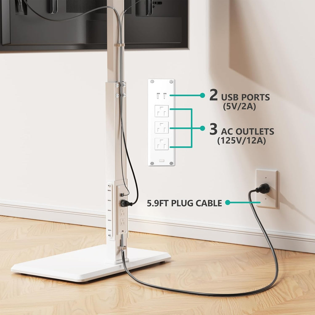 WALI Floor TV Stand with Power Outlet, Tall TV Stand Mount for 32-75 inch TVs up to 110 lbs, Swivel and Height Adjustable TV Stands with Wood Base for Bedroom, Office(TVDVD-7PW), White