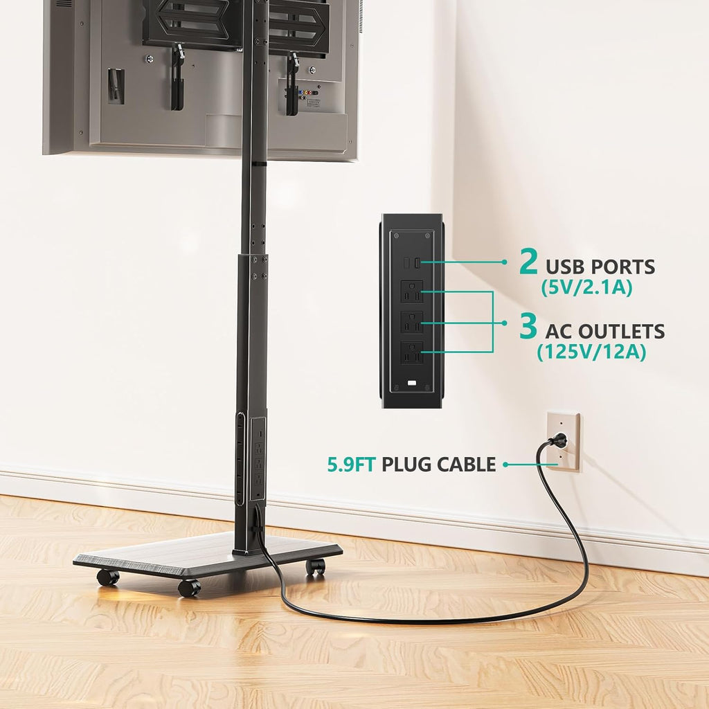 WALI Floor TV Stand with Power Outlet, Rolling Tall TV Stand Mount with Wheels for 32-75 inch TV up to 110 lbs, Swivel Height Adjustable TV Cart with Wood Base for Bedroom(TVDVD-7PR), Black